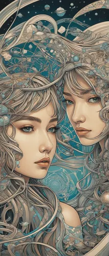 mirror of souls,water pearls,gemini,parallel worlds,mermaid vectors,celestial bodies,amano,water lotus,sirens,mermaids,mirror image,watery heart,pisces,water waves,meridians,mirror water,reflection in water,two fish,vessels,reflections in water,Illustration,Japanese style,Japanese Style 15