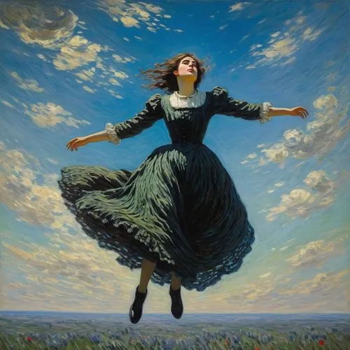 flying girl,leap for joy,little girl in wind,flying dandelions,flying seed,gracefulness,leaping,whirling,woman playing,levitation,levitating,leap,flamenco,flying disc,flying seeds,flying,arms outstretched,twirl,girl lying on the grass,flying heart,Art,Artistic Painting,Artistic Painting 04