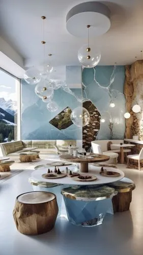 Modern Cafe Design Layout: The seating arrangement and dimensions in the main visual will be applied exactly as they are. The concept in the reference visual, transparent glacier mountain themed table