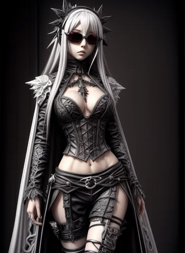 Emo goth girl wearing sunglasses,AddXL (Black and white, intricate details, a woman with an intricate design, 3DCGI anime fantasy artwork, necro, detailed patterned skin, abstract fragments, impressiv