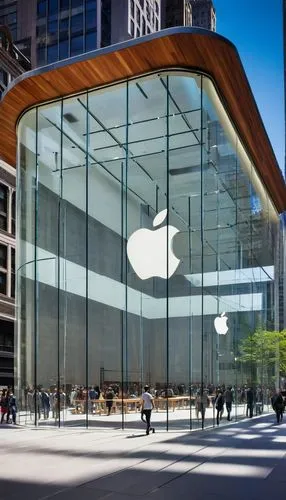 Modern Apple Store, futuristic architecture, glass facade, minimalist interior, sleek lines, wooden accents, stainless steel handrails, spacious atrium, natural light pouring in, bustling city streets