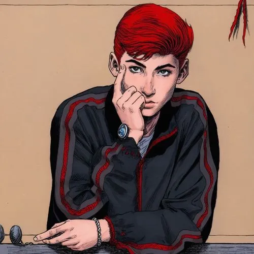 un joven con cabello negro y prenda roja con franjas.
,a drawing of a man holding his hand to his cheek,palmiotti,spinelli,jasinski,rahne,moira,phonogram,Illustration,American Style,American Style 03