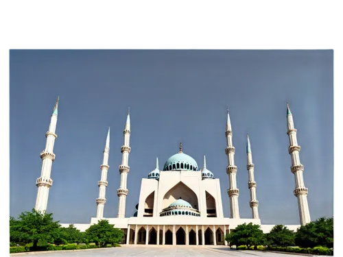 Faisal Mosque, Islamabad, Pakistan, white marble exterior, four minarets, main dome, Islamic architecture, morning sunlight, gentle shadows, 3/4 composition, wide-angle lens, vibrant colors, clear blu