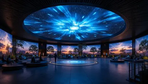 Cosmic planetarium interior, starry night sky projection, dark blue ambiance, futuristic seating arrangement, sleek metal railings, glowing LED lights, fiber optic ceiling installation, 3D astronomica