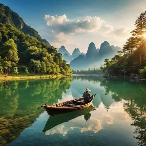 there is a man 钓鱼 in a boat on a lake, 蒋廷锡 摄, pixabay 比赛获胜者, 奇妙的现实主义, 渔夫, wang liang, 祥和景象, 梦幻般的场景, 漂亮的图像, 在宁静的风景中, 宁静的景象, 杨奇, zhang daqian, 美丽的数字艺术作品, 非常漂亮的数字艺术, 钓鱼, 非常漂亮的照片, 宁静的场景,yangshuo,boat land