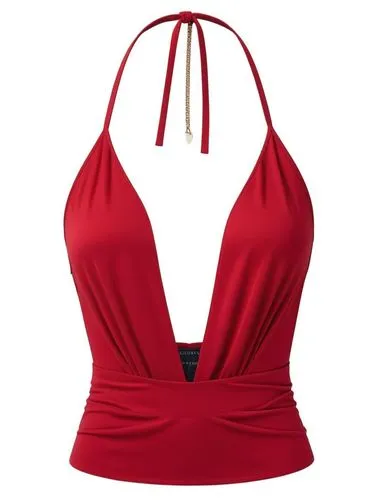 时髦、性感、欧美风格,a woman wearing red halt top with a long neckline,shapewear,camisole,activewear,vermelho,red,two piece swimwear