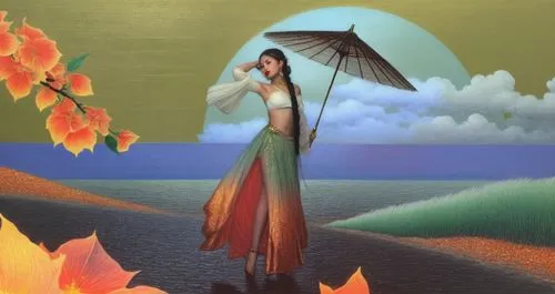 An amazing japanese young woman  with red lips and green eyes,an artistic painting shows a woman holding an umbrella over a body of water,dubbeldam,madhumati,woman walking,ariadne,girl on the river,ja