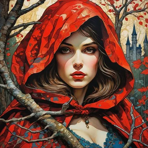 red riding hood,little red riding hood,red coat,red cape,girl with tree,fantasy portrait,lady in red,fantasy art,red tunic,fairy tale character,the enchantress,mystical portrait of a girl,girl in the garden,queen of hearts,red magnolia,shades of red,sorceress,fairy tale,fantasy woman,fairy tales,Illustration,Japanese style,Japanese Style 16