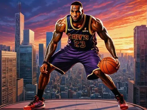 Anime Lebron, muscular man, basketball player, dynamic action pose, sweaty athletic wear, Nike shoes, intense gaze, determined facial expression, basketball in hand, slam dunking, cityscape background