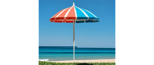 Beach umbrella, colorful stripes, metal pole, rounded shape, pointed tip, wide canopy, windproof, standing upright, sandy beach, clear blue sky, few puffy clouds, warm sunlight, shallow depth of field