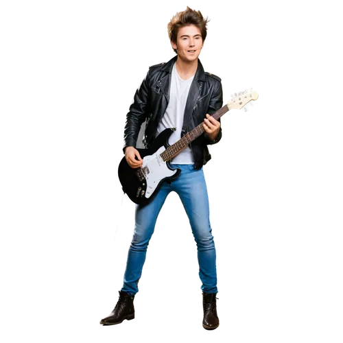 Rock musician, male, 25yo, messy brown hair, black leather jacket, white shirt, skinny jeans, black boots, holding electric guitar, playing solo, spotlight on face, energetic expression, smoky atmosph