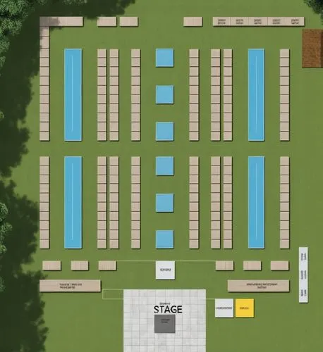 generate image for this layout. 

each square is expo canopy tent with canvas cover. 
blue long square is dining area

stage is for musical performance,an overhead view of the space and some seating a