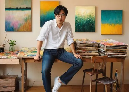 Hikaru Nakamura, male artist, 30s, short black hair, glasses, casual wear, jeans, white shirt, sneakers, standing, atelier, wooden desk, paints, brushes, canvases, natural light, plants, flowers, vase