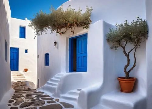 Ancient Greek Cycladic architecture, white marble, minimal decoration, simple shapes, circular columns, flat roof, whitewashed walls, blue windows, wooden doors, narrow alleys, traditional Aegean vill