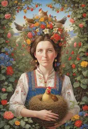 girl in flowers,girl picking flowers,russian folk style,girl with bread-and-butter,girl in the garden,woman holding pie