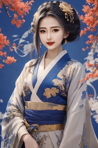 a japanese woman posing for the camera under cherry blossoms,geiko,diaochan,hanfu,maiko,hanbok,chuseok,Digital Art,Anime