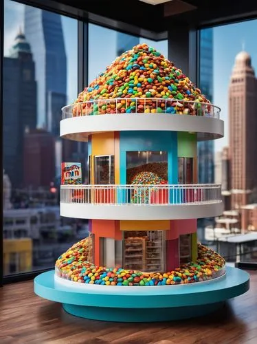 Modern M&M's colorful candy store, vibrant colors, sleek glass walls, curved lines, futuristic design, minimalist decorations, bright LED lights, shiny metal accents, circular pillars, smooth wooden f