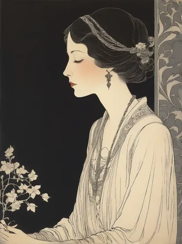 Write a dark and mysterious side profile ref with a touch of melancholy.,mucha,scent of jasmine,art deco woman,alfons mucha,kate greenaway,lillian gish - female,rose woodruff,jasmine blossom,lily of t