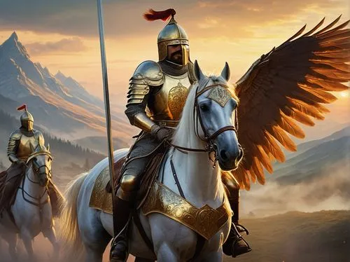 thracian,the archangel,heroic fantasy,pegaso iberia,germanic tribes,massively multiplayer online role-playing game,cossacks,fantasy picture,biblical narrative characters,paladin,crusader,pickelhaube,archangel,pegasus,assyrian,bactrian,fantasy art,imperial eagle,cavalry,king arthur,Art,Classical Oil Painting,Classical Oil Painting 20