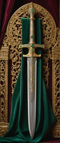 Luxurious jeweled knife, ornate gold hilt, sparkling diamonds, rubies, emeralds embedded, intricate engravings, medieval-inspired design, leather-bound scabbard, worn by a regal figure, standing in a 