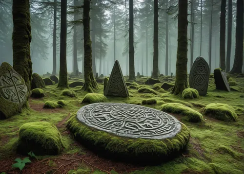 ancient sacrificial stones, Viking theme, runic engravings, moss-covered, forest background, misty atmosphere, early morning light, deer statues, Odin's raven carvings, grassy ground, detailed texture