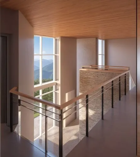 the stairwell of a home with a window on the side,balustrades,djerassi,passivhaus,wooden stair railing,outside staircase,balustraded,Photography,General,Realistic