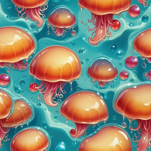 seamless smooth jelly ground texture,colorful orange jellyfishs floating in blue and green water,underwater background,aquaporins,mushroom landscape,underwater landscape,chromatophores,cells,Illustrat