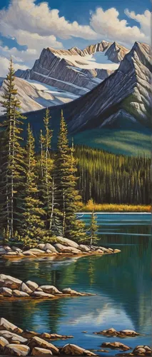 salt meadow landscape,banff,icefields parkway,icefield parkway,maligne river,lake louise,banff national park,two jack lake,mountain scene,maligne lake,alberta,emerald lake,mountain landscape,jasper national park,bow lake,mount robson,oil on canvas,mountain lake,canadian rockies,high mountain lake,Illustration,Retro,Retro 06