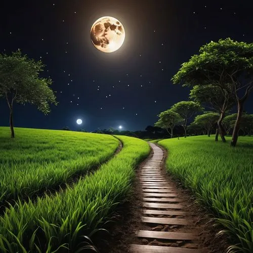 there is a path that is going through the grass to the moon, street moon landscape, moonlit kerala village, moonlit night dreamy atmosphere, night time moonlight, at night with dramatic moonlight, moo