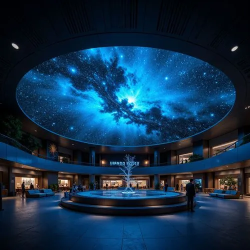 Cosmic planetarium, sleek modern architecture, dark blue tones, starry night sky, glowing nebulae, 3D projection mapping, LED lighting systems, ambient luminescence, soft gradient transitions, futuris