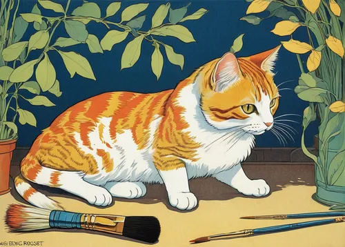 watercolor cat,vintage cat,vintage illustration,drawing cat,domestic cat,pet portrait,artist brush,calico cat,vintage cats,book illustration,painting technique,ginger cat,sewing tools,colored pencil background,cat vector,red tabby,kit,chinese pastoral cat,cat portrait,tea party cat,Illustration,Retro,Retro 11