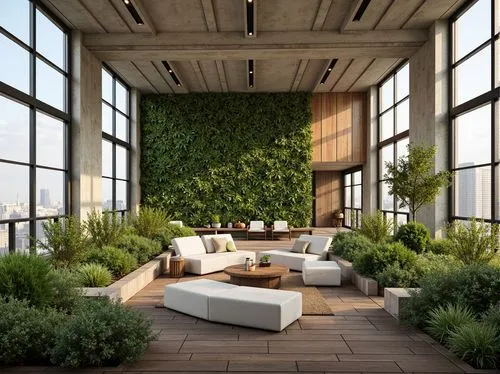 roof garden,balcony garden,roof terrace,penthouses,roof landscape,green living,modern decor,block balcony,hanging plants,sky apartment,landscaped,houseplants,modern living room,living room,green plants,3d rendering,sunroom,contemporary decor,livingroom,loft