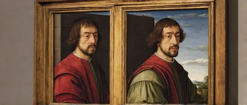 Jan Mostaert - Portrait of Joost van Bronkhorst,mirror image,mirror frame,barberini,mirror reflection,paintings,mirroring,the mirror,holding a frame,mirrors,italian painter,opaque panes,mirrored,belli