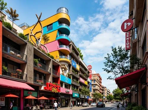 Vibrant urban landscape, eclectic building forms, irregular shapes, playful curves, bold color schemes, ornate decorations, fragmented facades, juxtaposed materials, steel beams, exposed ductwork, abs