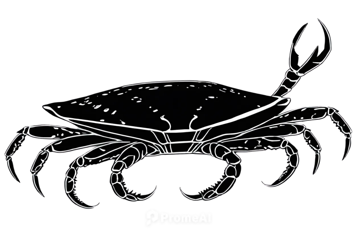 Crab, clip art, black and white, side view, detailed shell, big claws, beady eyes, textured surface, smooth edges, minimalist design, isolated on transparent background, high contrast, bold lines, sim