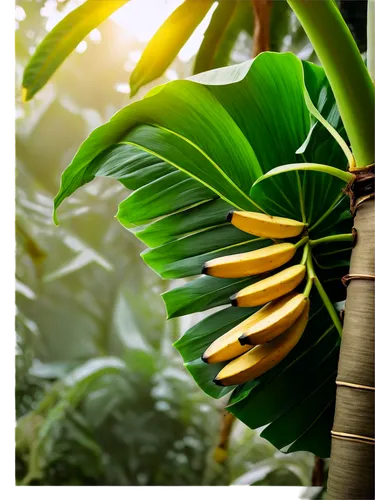 Banana tree, tropical atmosphere, green large leaves, curved trunk, yellow bananas hanging in clusters, morning sunlight filtering through leaves, 3/4 composition, shallow depth of field, warm color t