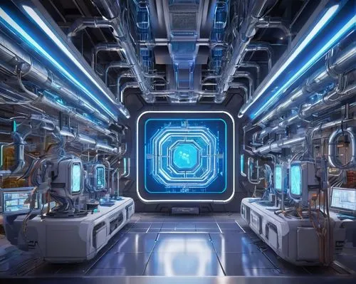 Micro channel architecture, futuristic laboratory, sleek metal framework, intricate circuitry, neon blue lights, holographic displays, robotic arms assembling, microscopic details, 3D model visualizat