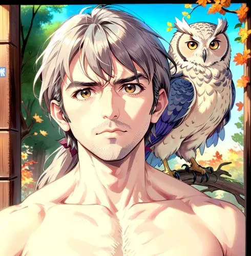 Pony tail, young george harrison, thicker muscular body, pet owl,a man with white hair is looking at an owl,ganymede,shiron,kawaii owl,michio,akihiko,owl nature,Anime,Anime,General