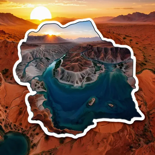 all inside the Afghanistan outlined map shape, with Afghan white border sticker, magical, sunset view of Afghanistan's Band-e Amir National Park, lovely, calming, animated, white background. ,kurdista