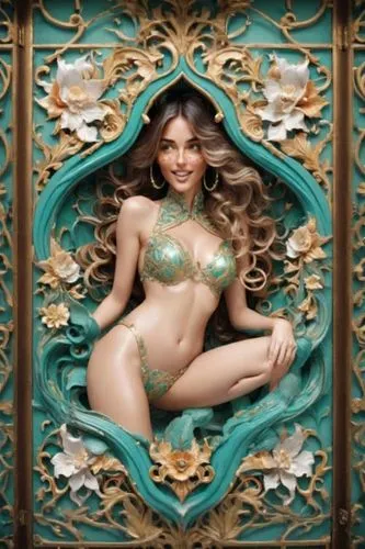 oriental princess,samba deluxe,tantra,jasmine,agent provocateur,decorative figure,mermaid,green mermaid scale,mermaid background,miss vietnam,orientalism,fantasy woman,hula,persian,rococo,aphrodite,la