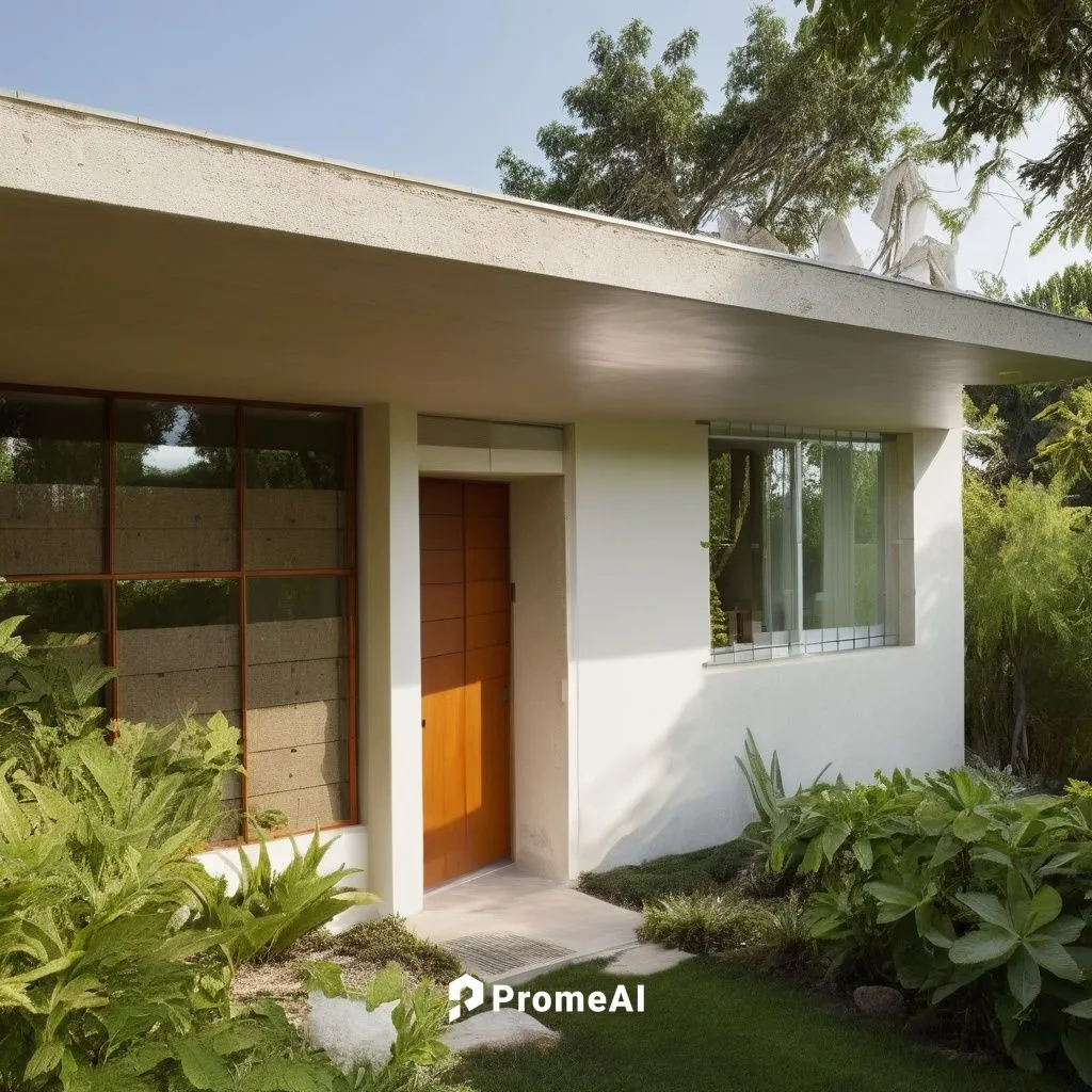 Diseño de fachada exterior de casa estilo mínimalista, colores neutros, ambientes de jardines, fotografía hiperrealista, toma cinematográfica ,mid century house,mid century modern,neutra,eichler,midce