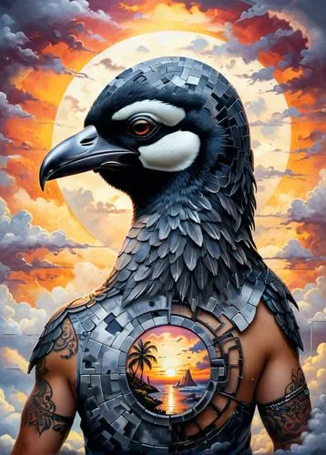 sunset  in the clouds,lost city sphere in the clouds, jigsaw puzzle, mosaic fading grey colors, infinite stairway to heaven, alluring beauty lady, mural painted in the building, birds, pinguins,aguila