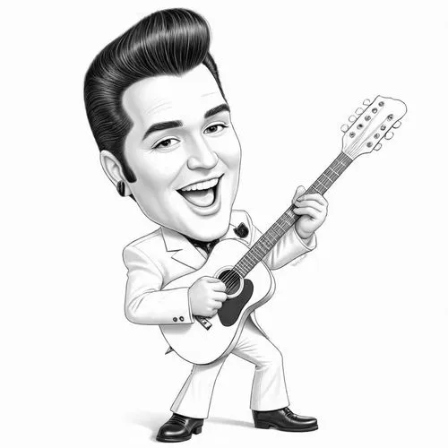 pencil drawing style  Julius Leblanc Stewart Caricature style drawing of a celebrity, big head, small body, exaggerated facial expressions. A 3D animated character resembling Elvis Presley, wearing a 