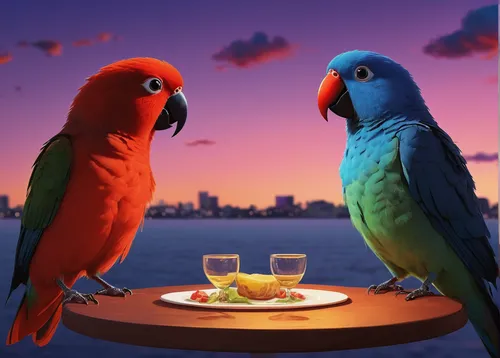 Write a romantic comedy script about two chuby lovebirds named Max and Molly on a hilarious blind date.,macaws blue gold,parrot couple,macaws of south america,macaws,couple macaw,edible parrots,blue m