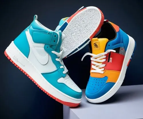 two colorful sneakers sitting on top of a white platform,newports,teal and orange,forces,turquoise leather,airforces,theses