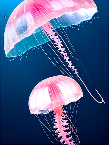 translucent jellyfish, underwater scene, soft glowing bioluminescent lights, delicate umbrella-like body, thin translucent tentacles, gentle flowing movement, pastel pink and blue colors, shallow dept