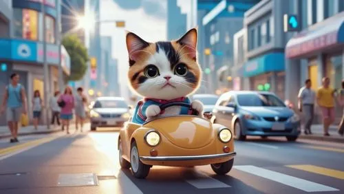 可愛的三花貓開車在車水馬龍裡穿梭,a cat driving down the road in a car,cartoon cat,street cat,citycat,cartoon car,worldcat,cat european,Photography,General,Realistic