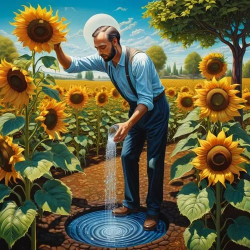 ((("fondo transparente sin fondo")))((("cuerpo completo")))a painting of a man pouring water into a sunflower garden, cyril rolando and m.w kaluta, cyril rolando and m. w kaluta, psychedelic surreal a