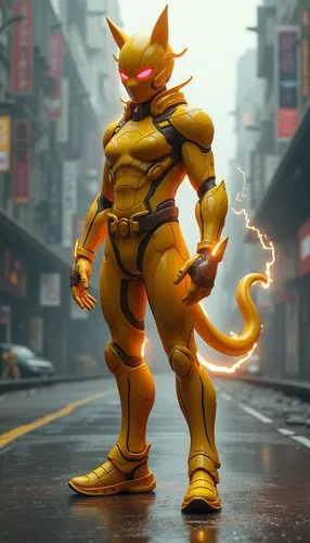 
3d realistic character of a Bright yellow suit with brown stripes on back. Red cheek circles on mask generate electricity. Lightning bolt tail and ears. Shoots powerful electric blasts.,a man in a ye