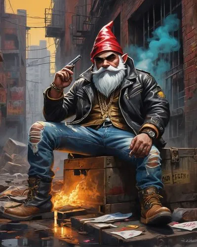 Tough-looking gangster gnomes, muscular build, menacing scars, gold chains, leather jackets, ripped jeans, heavy boots, smoking cigars, urban cityscape, graffiti-covered walls, dimly lit alleys, aband